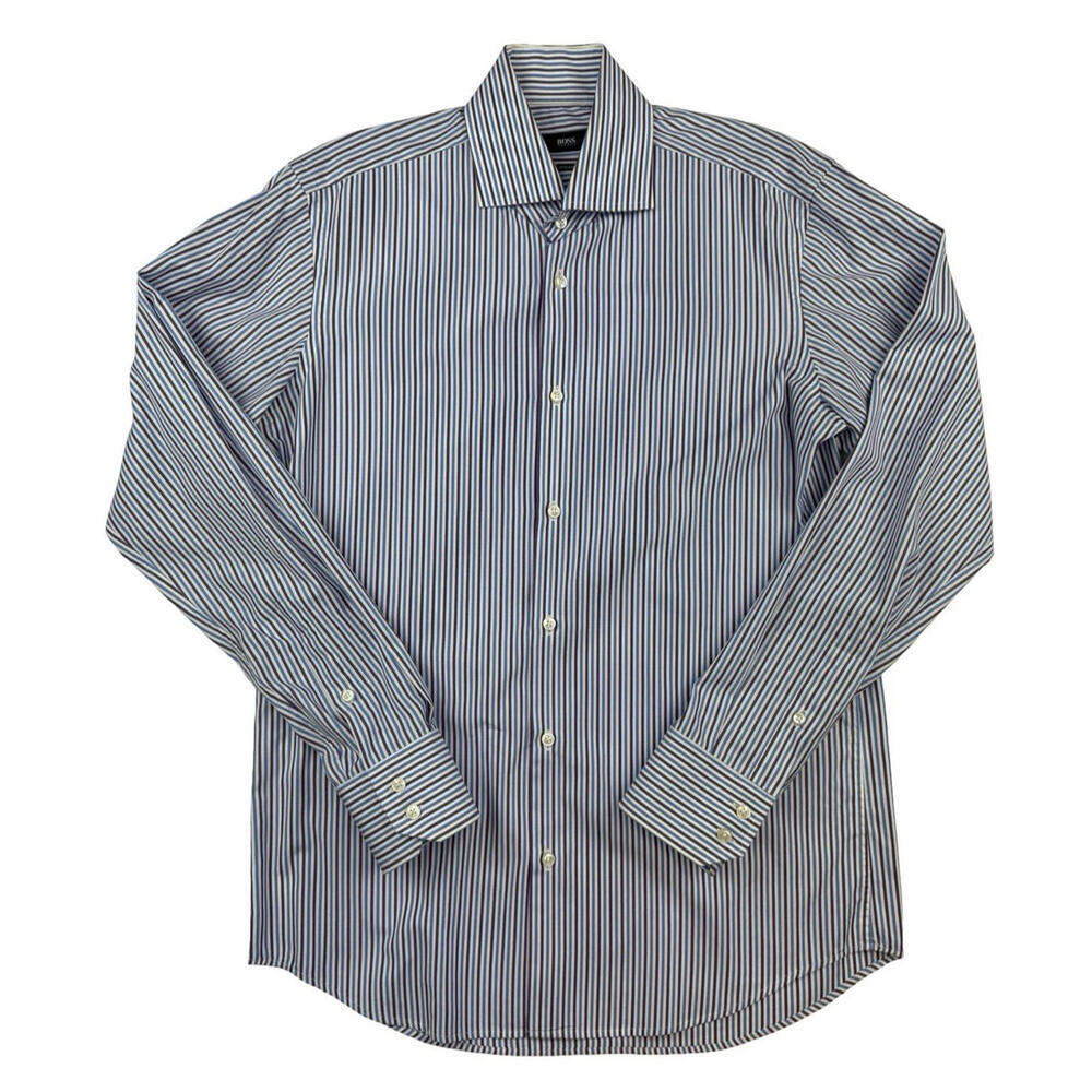 Hugo Boss Gerald Regular Fit Striped Dress Shirt Purple Blue Size 38 | 15